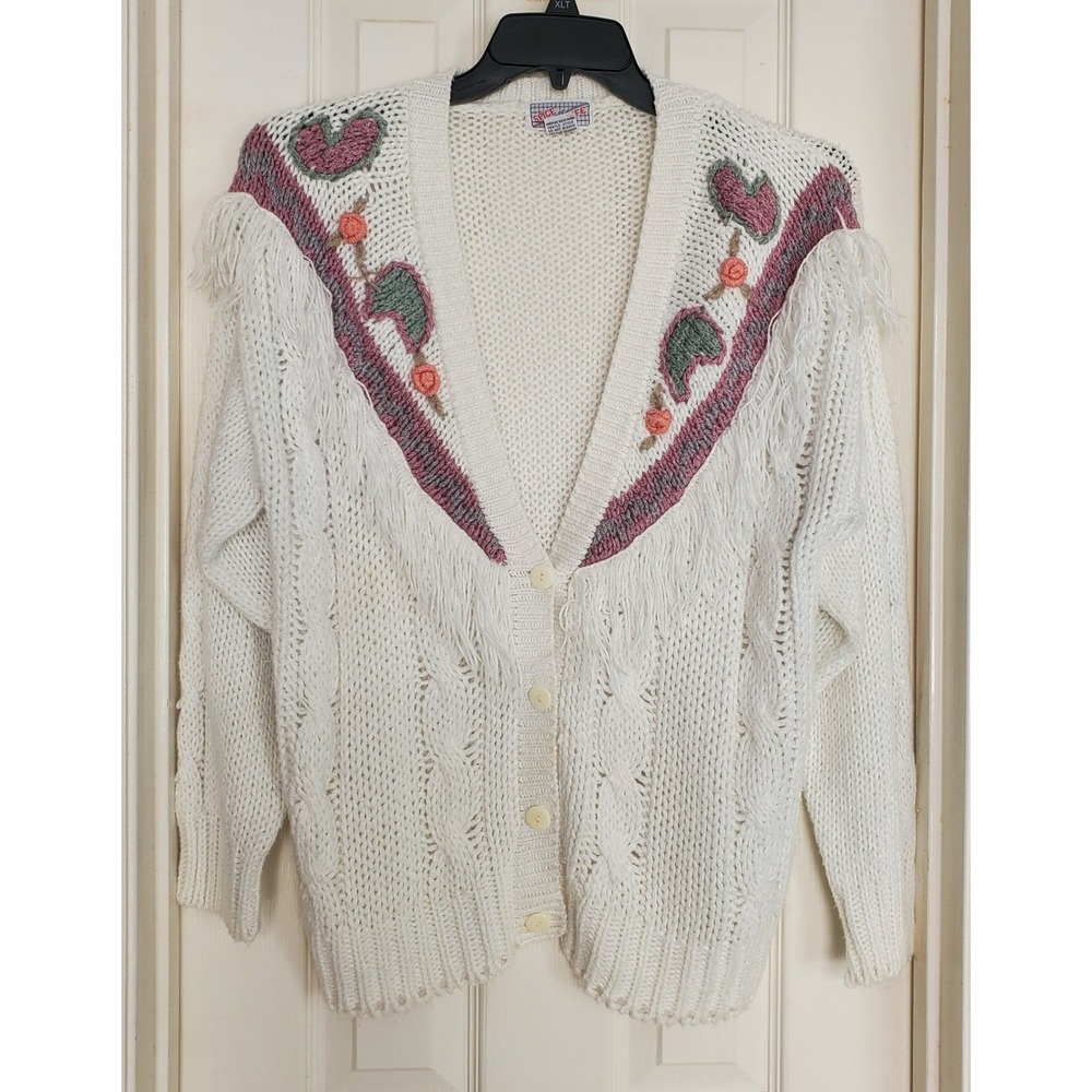 Spice of Life Vintage White Fringe Floral‎ Embroidered Knit Cardigan Sweater M